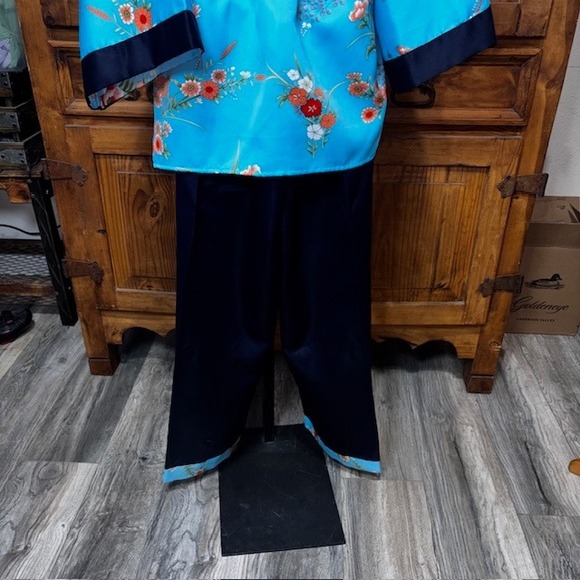 Vintage Made in Japan Floral Kimono Pajama Set Blue Navy Satin Loungewear Medium - Picture 4 of 8